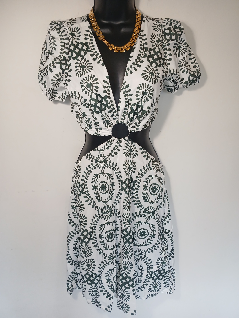 Green And White Mini Dress with Cutout Detail